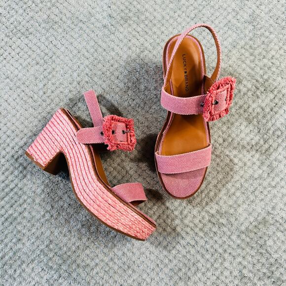 LUCKY BRAND Yidris Light Pink Twill Ankle Strap Raffia Wedge Espadrille Heels - Picture 1 of 6
